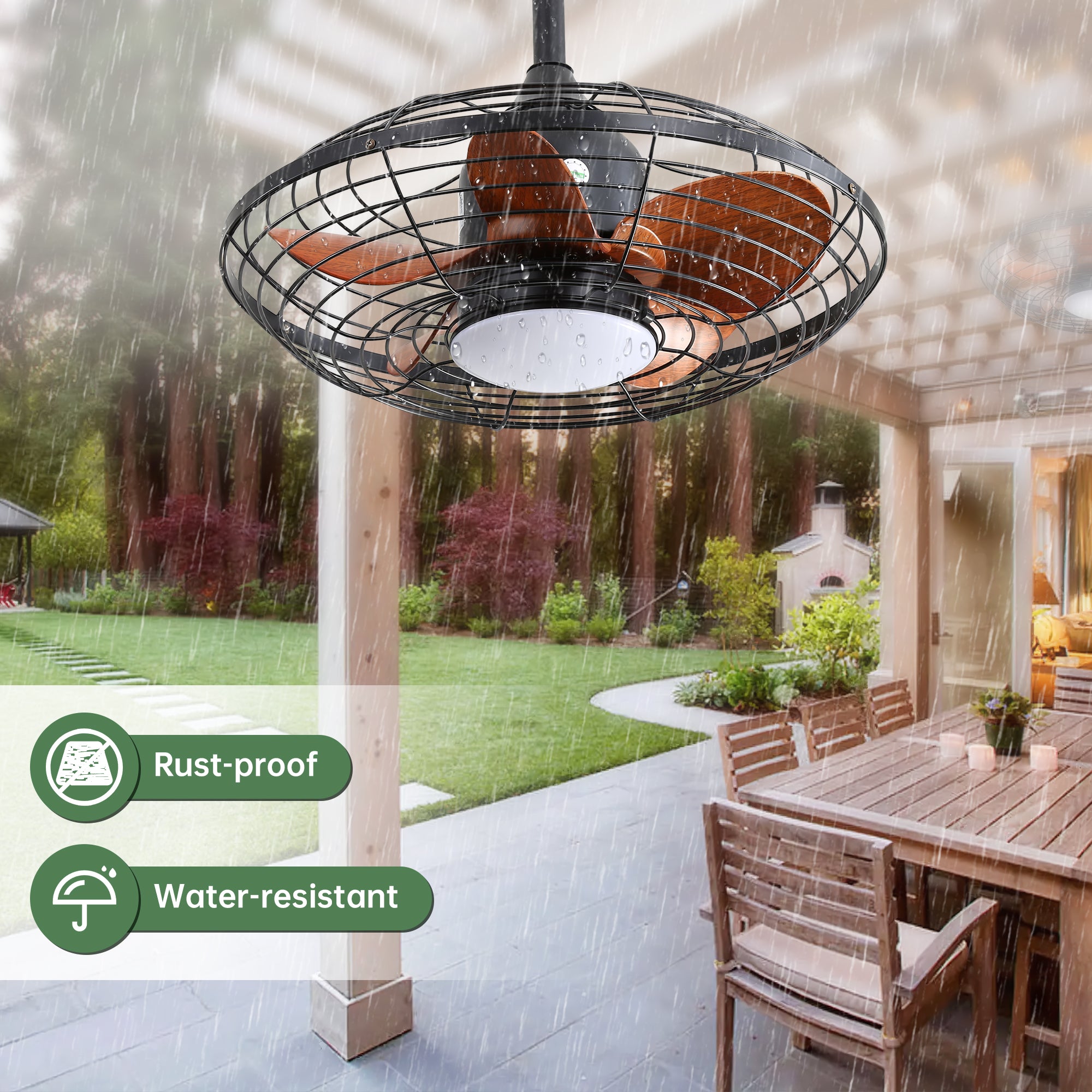 Wet Rated Outdoor 20 Inch Downrod Mount Ceiling Fan with Light Water-proof IPX4