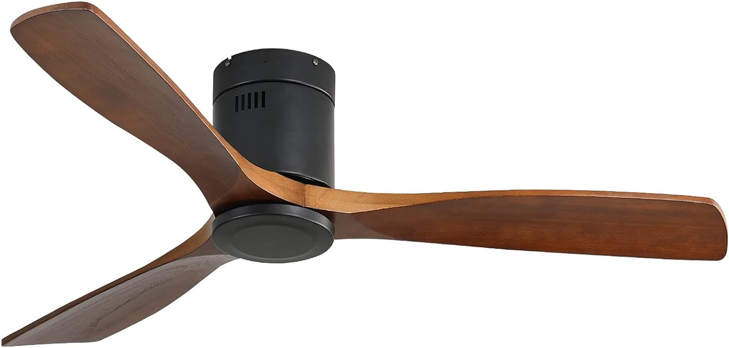 Flush Mount Ceiling Fan Low Profile Ceiling Fan with Remote Control 52 Inch 3 Walnut Wood Blades Noiseless DC Motor 6 Speed with Timer