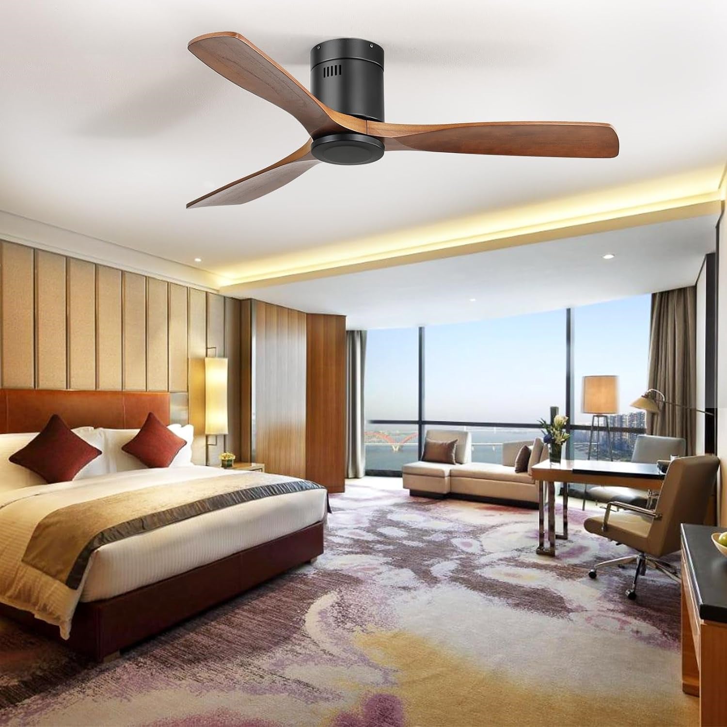 Flush Mount Ceiling Fan Low Profile Ceiling Fan with Remote Control 52 Inch 3 Walnut Wood Blades Noiseless DC Motor 6 Speed with Timer