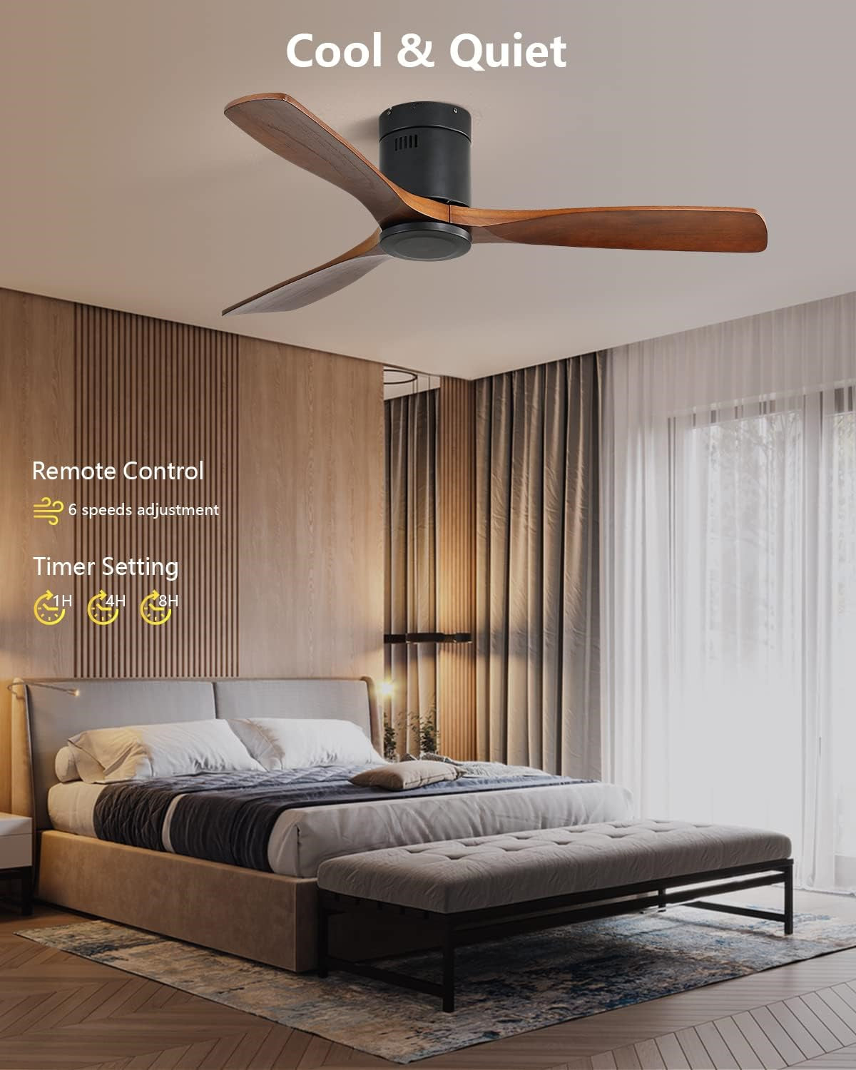 Flush Mount Ceiling Fan Low Profile Ceiling Fan with Remote Control 52 Inch 3 Walnut Wood Blades Noiseless DC Motor 6 Speed with Timer