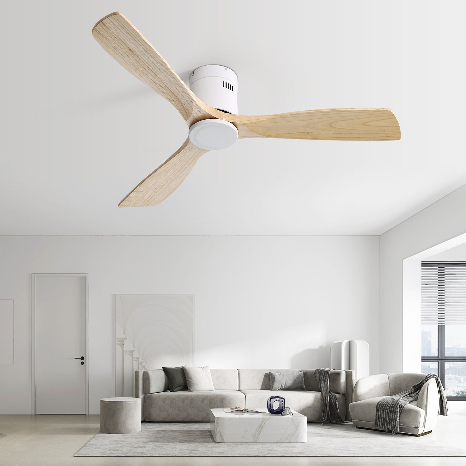 Flush Mount Ceiling Fan Low Profile Ceiling Fan with Remote Control 52 Inch 3 Walnut Wood Blades Noiseless DC Motor 6 Speed with Timer